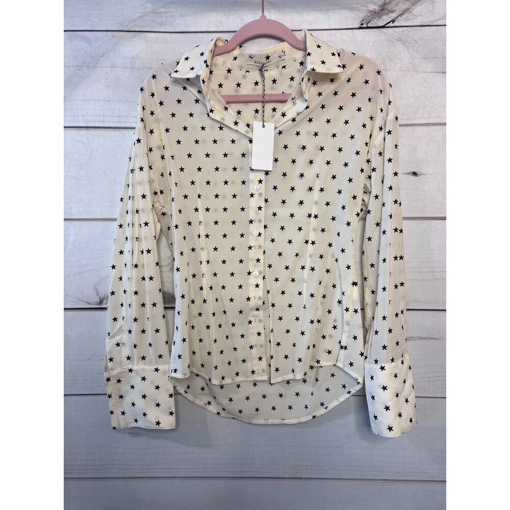 ELLISON Women Cream Black Star Print Button Up Long Sleeve‎ Blouse Top Shirt S